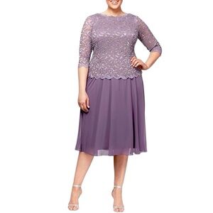 Alex Evenings Lavender Lace Bodice Chiffon Skirt Dress